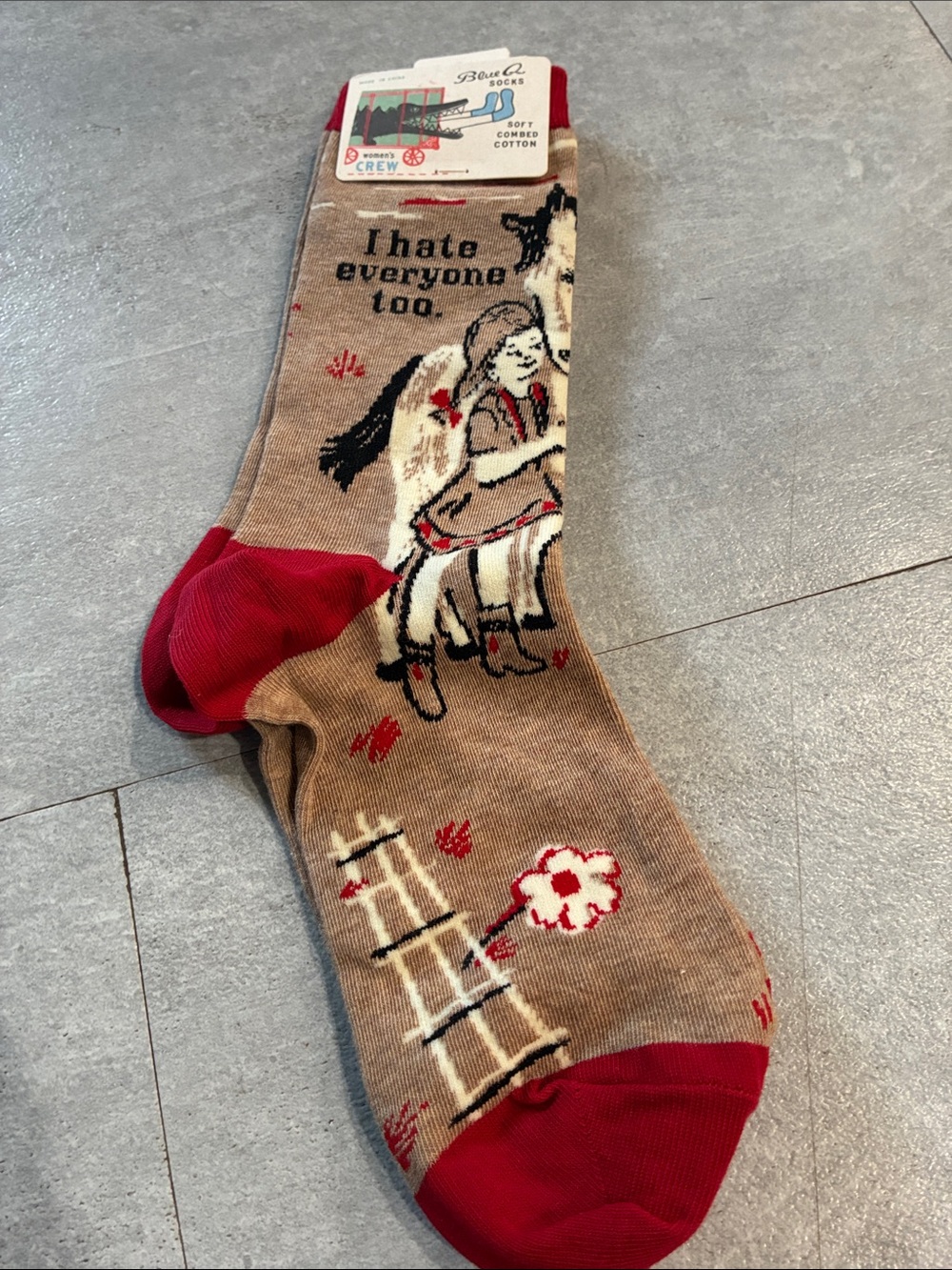 Blue Q Women’s Crew Socks with Red Accents - 'I Hate Everyone Too’